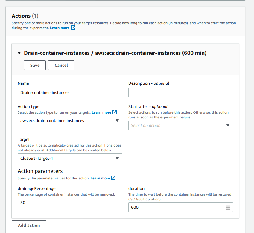 add action for experiment, drainage 30%, duration: 600sec