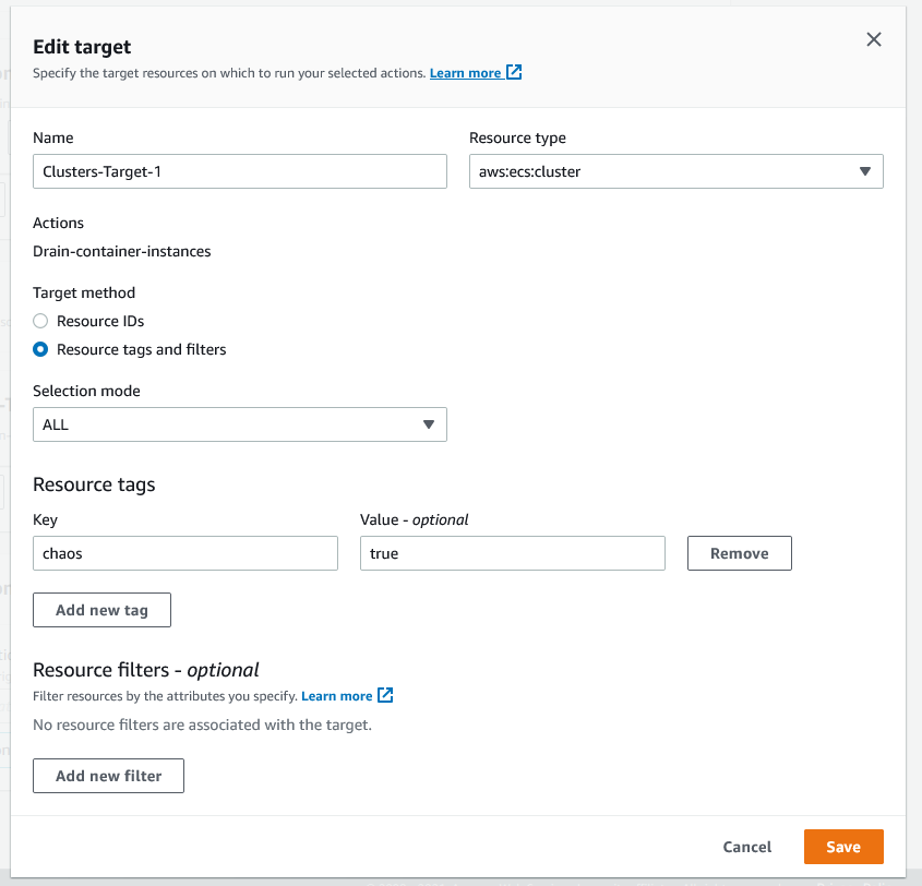 set target as resource tag, key=chaos, value=true