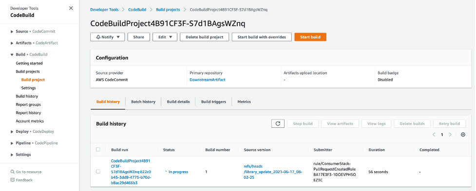 Screenshot of AWS CodeBuild running the build