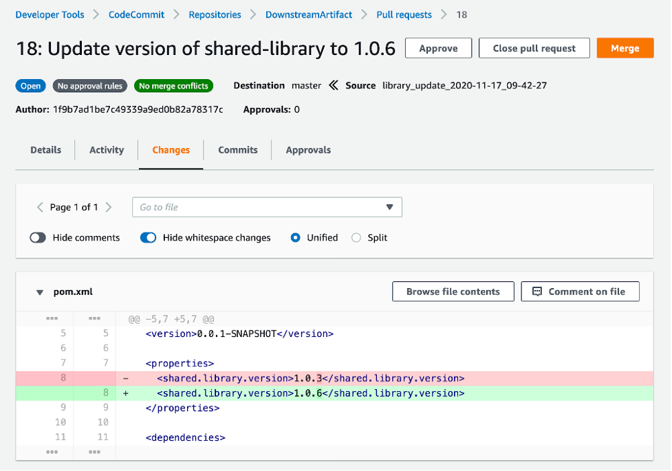 Screenshot of the Pull Request in AWS CodeCommit