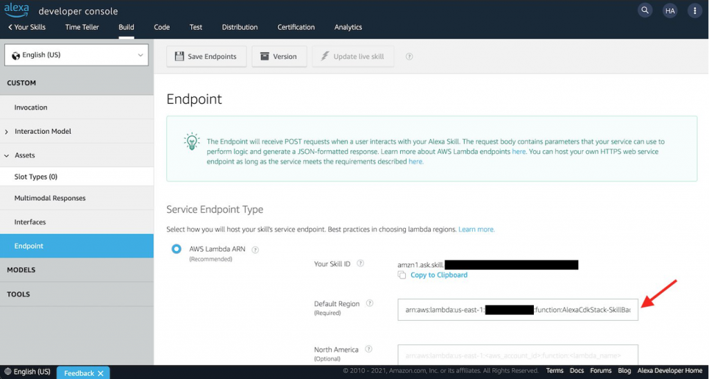 Screenshot of Alexa Developer console showing location of Endpoint text box