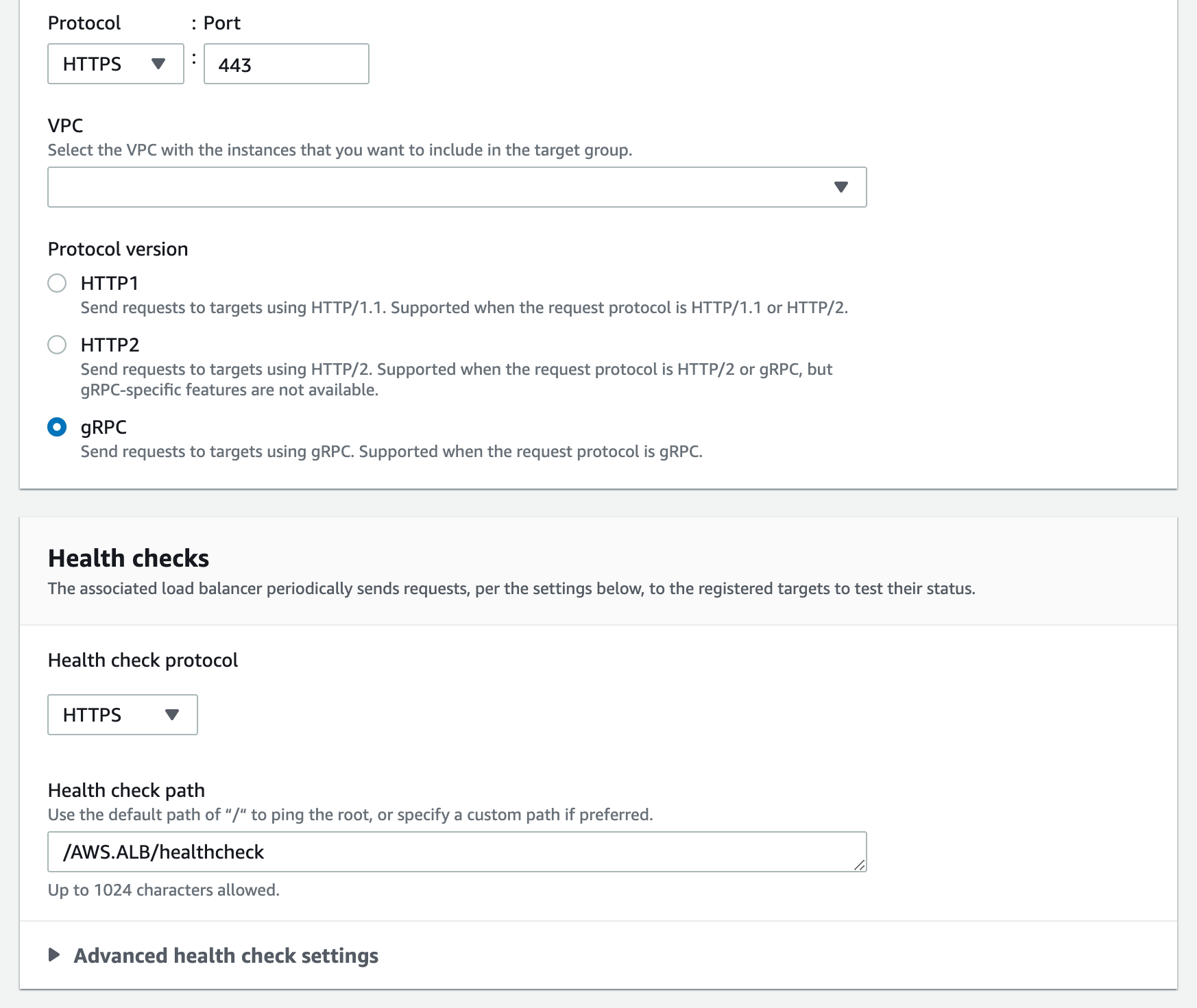 Screenshot of the AWS Management Console, showing how to configure a load balancer's target group for gRPC communication.
