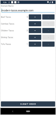 Screenshot of the gRPC microservices demo Android app, on the order preparation screen.