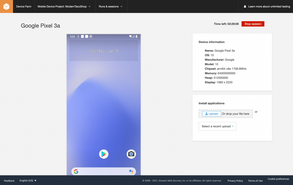 Screenshot of the AWS Device Farm showing a Google Pixel 3a.