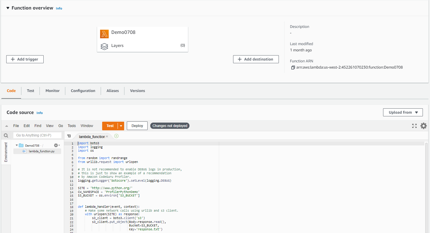 This image shows the Lambda console page for the Lambda function we are referencing.