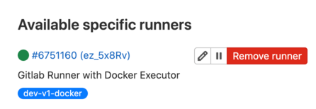 Now go to your Gitlab project Settings  CICD  Runners  Available specific runners, you will see the fully configured Gitlab Runner. The green circle indicates that the Gitlab Runner is ready for use. 