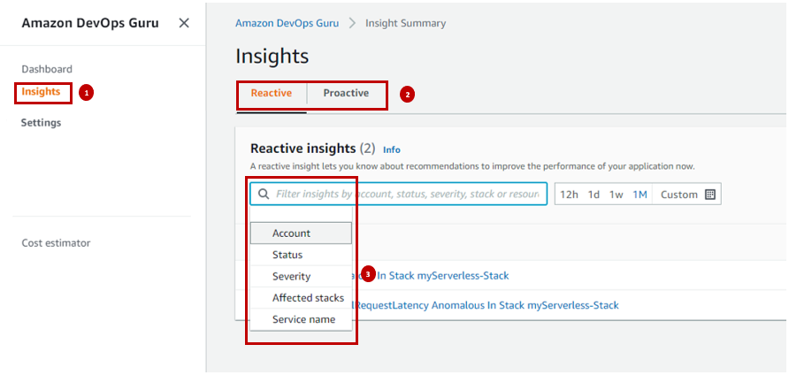 View insights across the entire organization and filter. Steps 1-3 highlighted in Insights summary page.