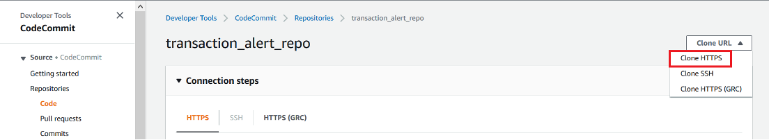 clone HTTPS link for CodeCommit repo transaction_alert_repo using clone URL menu