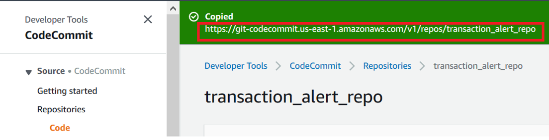 Clone link for HTTPS for CodeCommit repo transaction_alert_repo is avaiable to copy