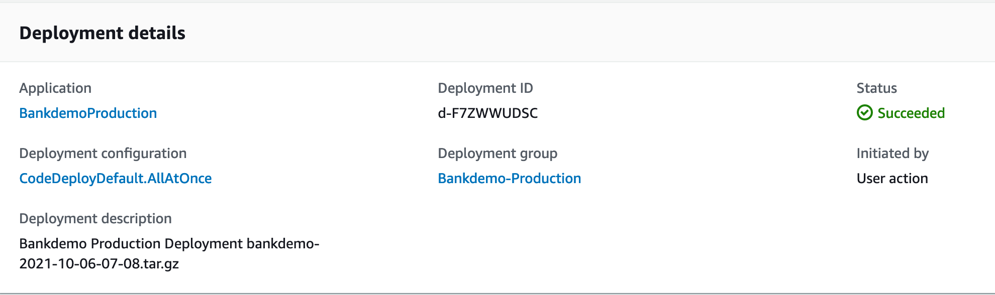 Snapshot of deployment configuration from AWS Management Console