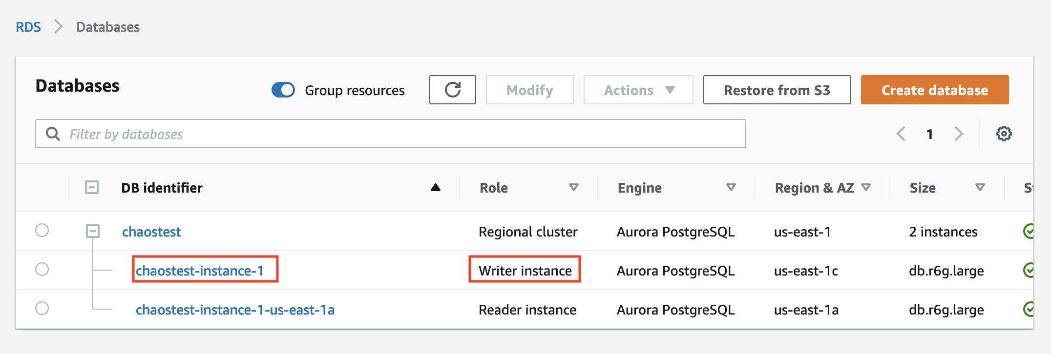 Under RDS Databases Section, the cluster named chaostest is selected. Under the cluster there are two instances which is available. Chaostest-instance-1 is the writer instance and chaostest-instance-1-us-east-1a is the reader instance.