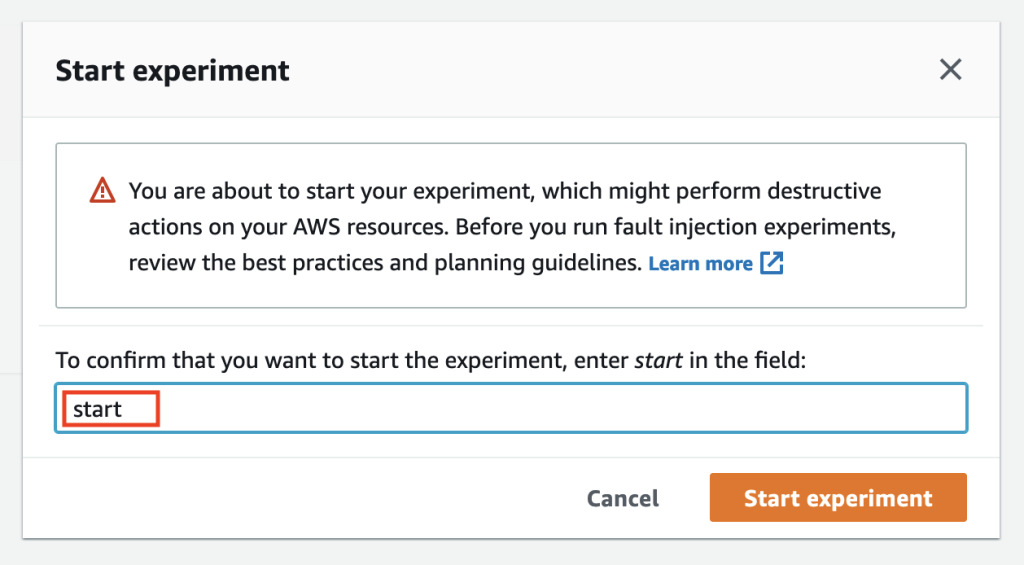 Under the Start Experiement section, user is promoted to enter "start" in the field to start the experiement.