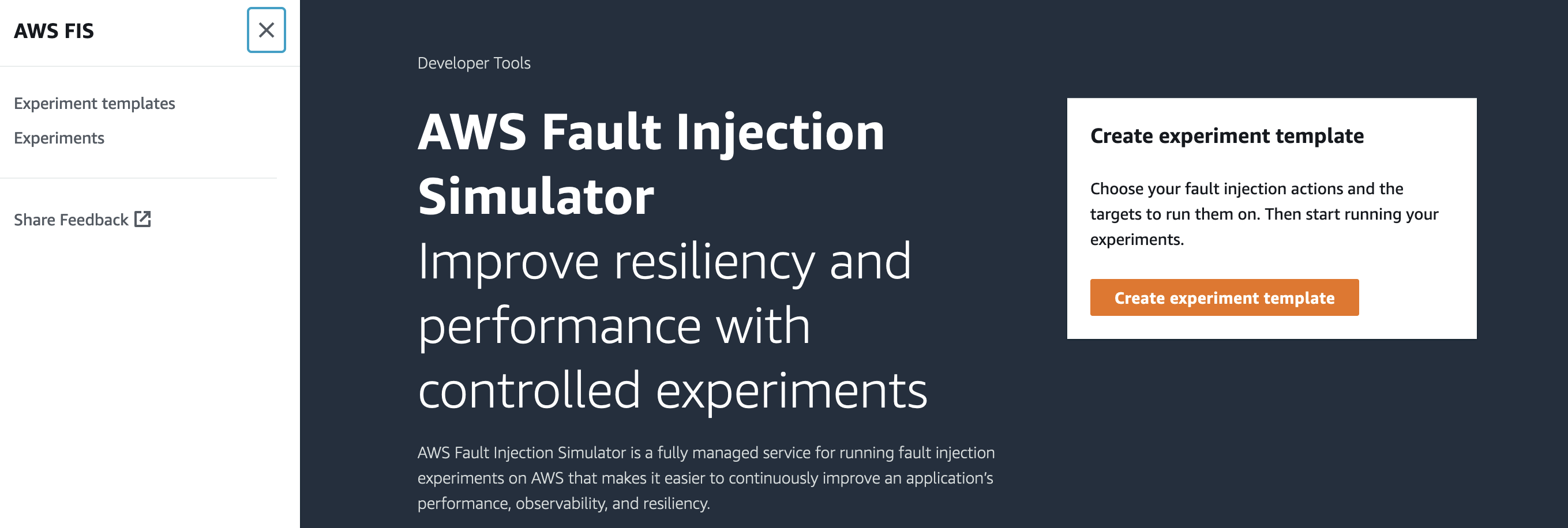 Under FIS console, Create experiment template needs to be selected.
