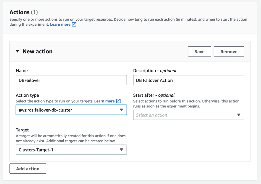 Under Actions section, DBFailover is entered for the Name field. DB Failover Action is entered for the Description field. aws:rds:failover-db-cluster is entered for the Action Type field. Start after field is left blank and Clusters-Target-1 is selected for the Target field. The save button will save the info entered for the respective fields.