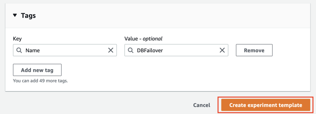 Create experiment template option is highlighted. The user will click this button to proceed creating a template.