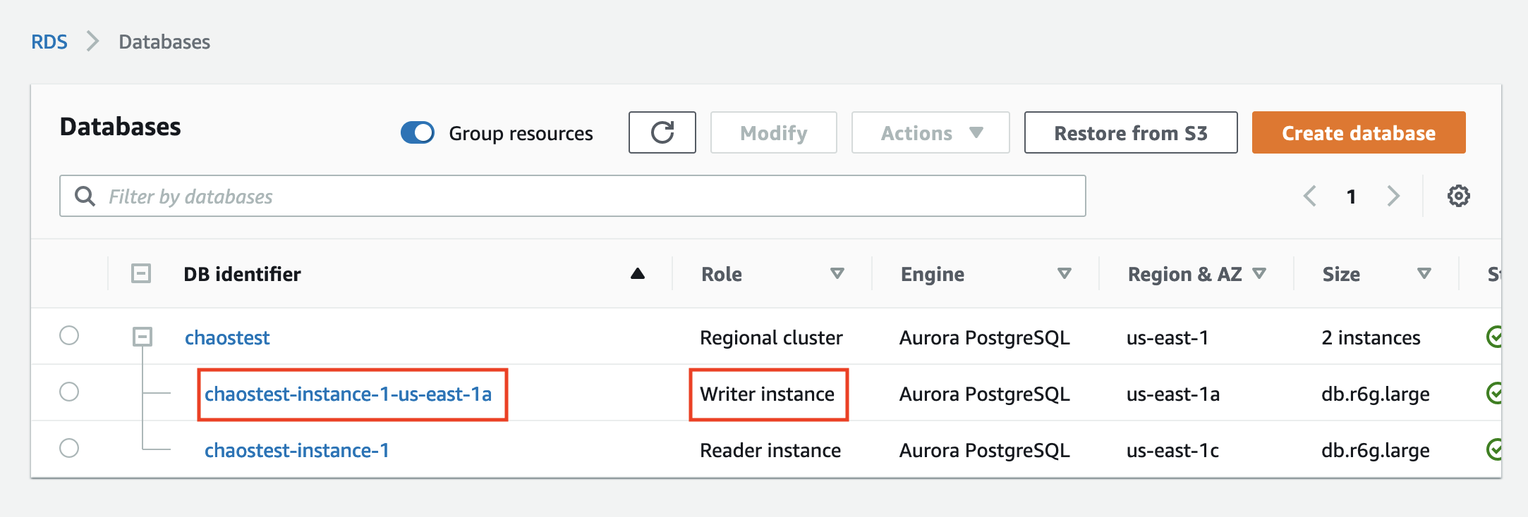 Under RDS Section, Chaostest cluster is shown. This time, the writer is chaostest-instance-1-us-east-1a.
