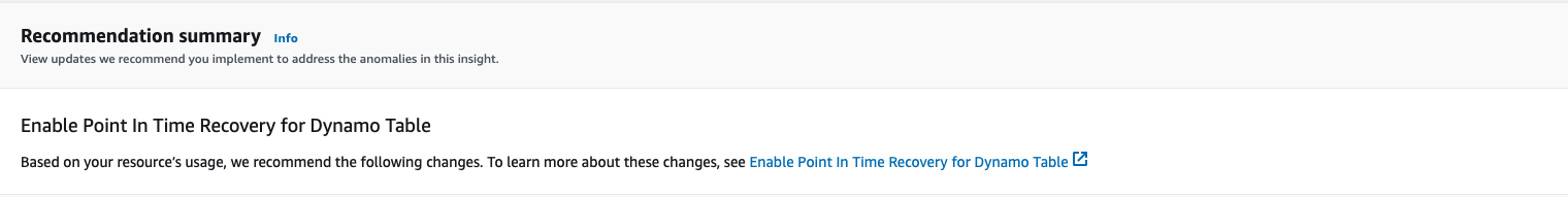 The graphic shows proactive insights for the last 1 month. The one insight shown is 'Dynamo Table Point in Time Recovery not enabled' with a status of OnGoing and a severity of low.