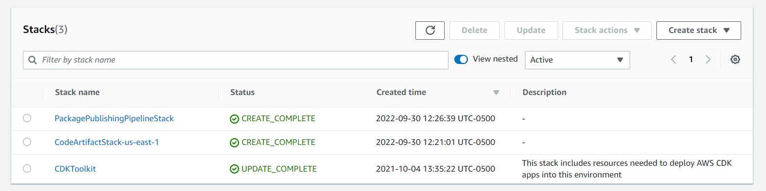 Screenshot showing the CloudFormation Stacks in the primary region