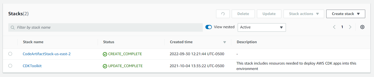 Screenshot showing the CloudFormation stacks in a separate region