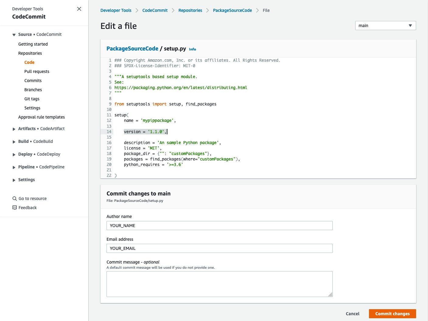 A screenshot of the source package's code repository in CodeCommit