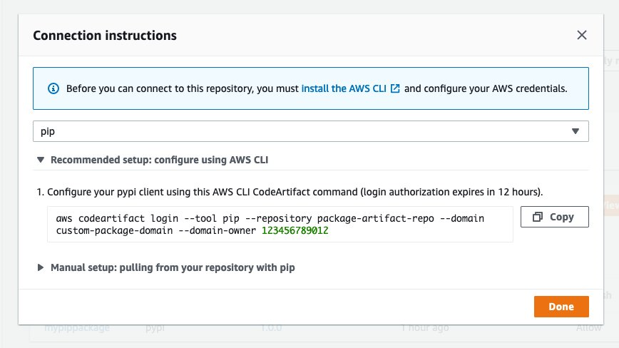 Screenshot showing directions to connect to a code artifact repository
