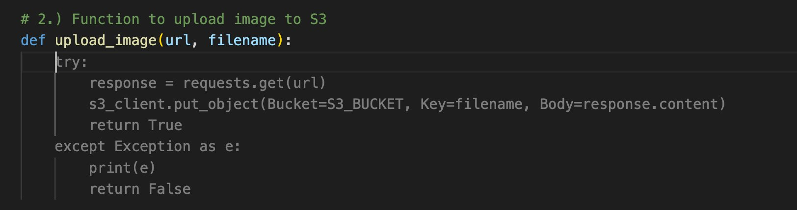 Screenshot of the code generated by CodeWhisperer on VS Code. It has a function called upload_image with the implementation suggestion to download a file using the requests lib and upload it to S3 using the S3 client