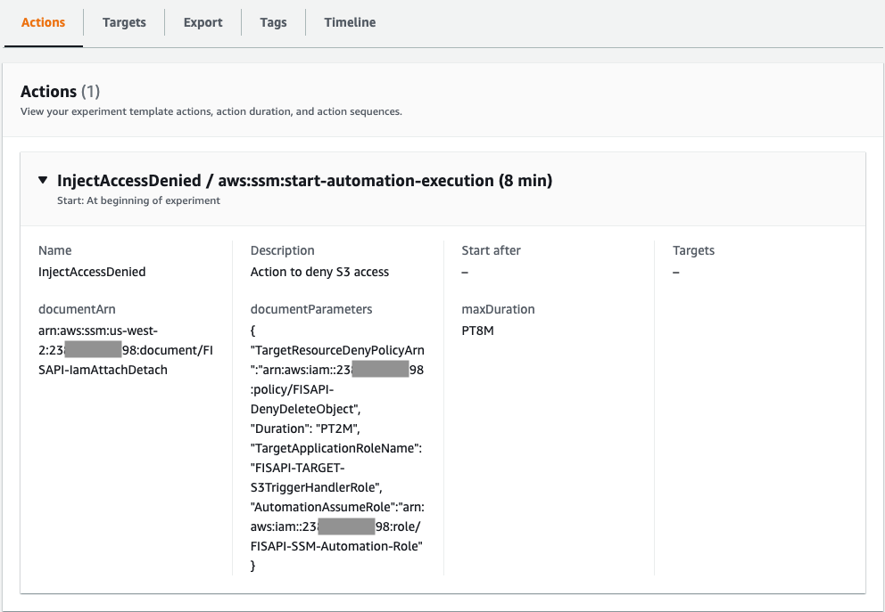 Image of FIS experiment template action summary. This shows the SSM document ARN to be used for fault injection and the JSON parameters passed to the SSM document specifying the IAM Role to modify and the IAM Policy to use. 