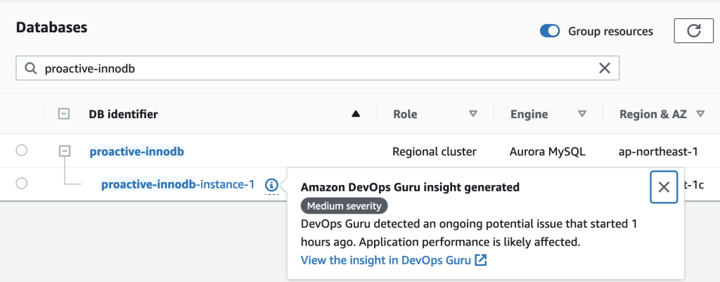 Proactive and Reactive Insights are highlighted against your database instance on the Database list page in the Amazon RDS console