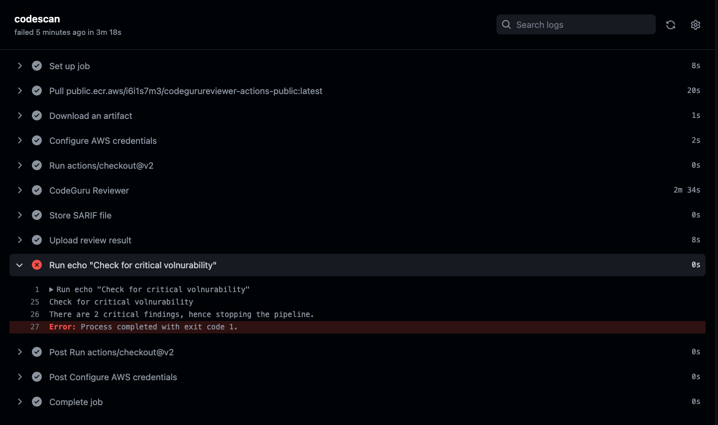 Figure 5. Codescan actions logs 