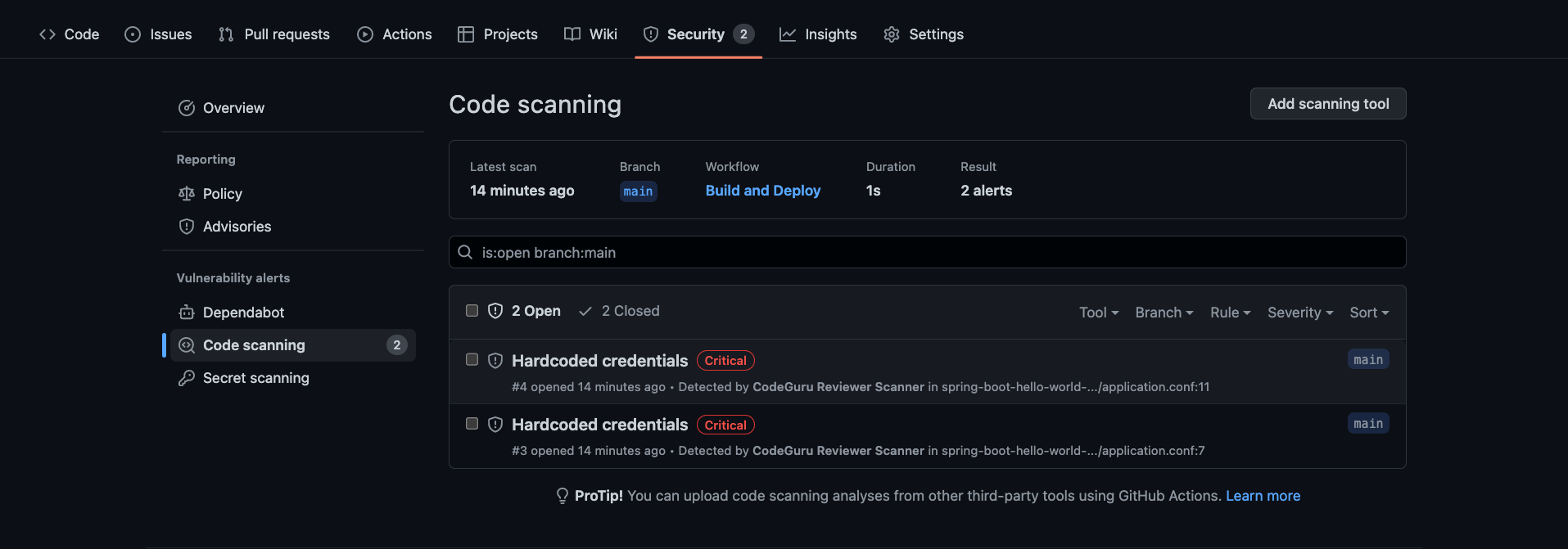 Figure 6. security tab with results