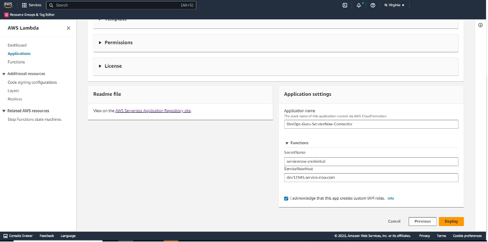 Lambda Application Deployment page to enter the ServiceNow hostname and Secret name needed for interacting with your ServiceNow instance before deploying the solution.