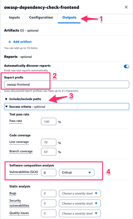 Report configuration showing SCA configuration