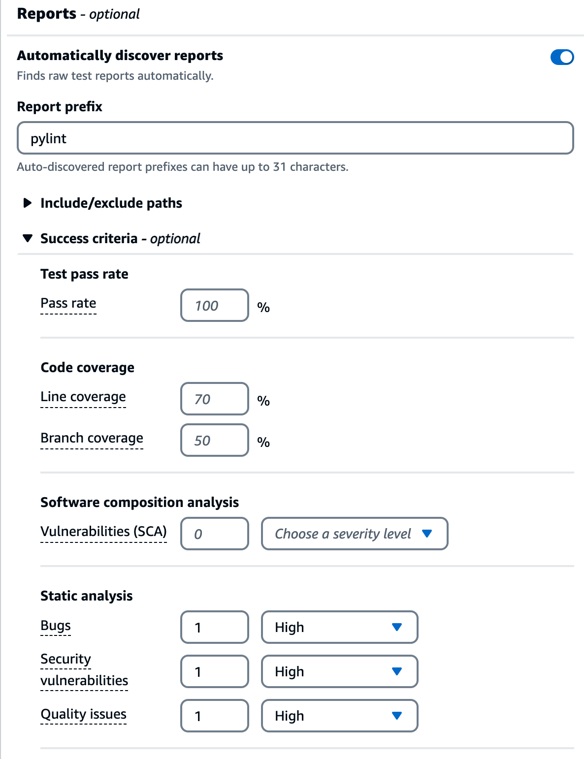 Report configuration tab showing static analysis configuration