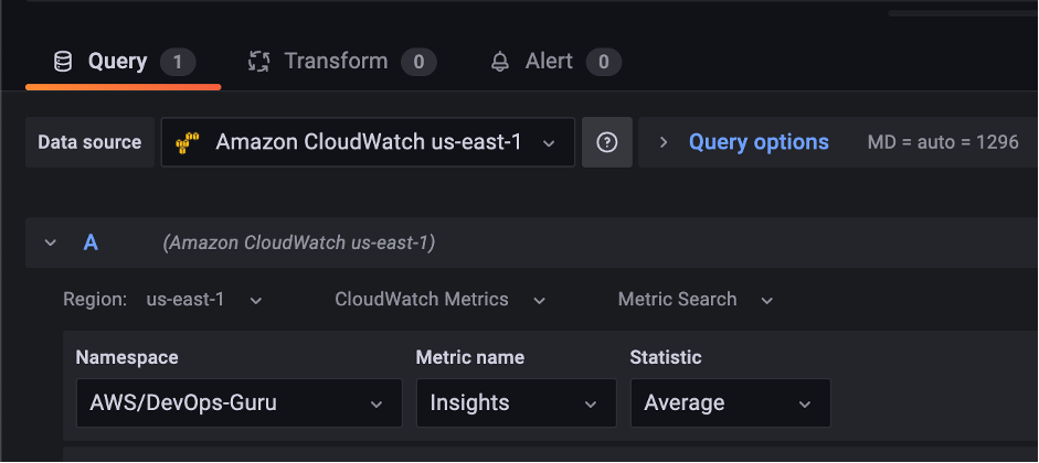 In the Amazon Grafana Workspace dashboard the user has entered values in three fields. "Grafana Query with Namespace" has the chosen value: AWS/DevOps-Guru. "Metric name" has the chosen value: Insights. "Statistic" has the chosen value: Average.