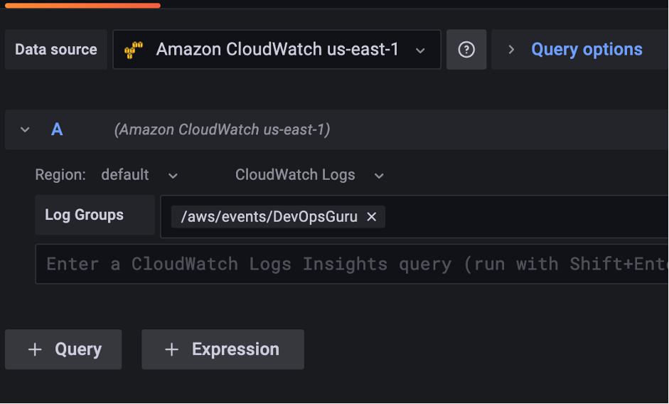 In the Grafana Workspace, the user has "Data source" selected as Amazon CloudWatch us-east-1. Underneath that they have chosen to use the default region and CloudWatch Logs. Below that, for the Log Groups they have entered /aws/events/DevOpsGuru