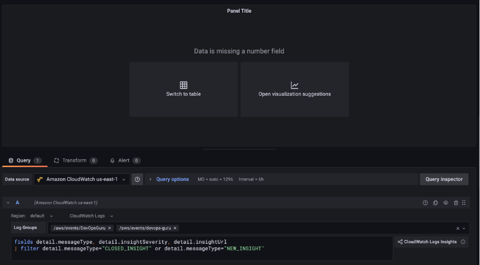 Setting up a 4th panel as table. Under the Query tab, in the query editor, the user has entered the text: fields detail.messageType, detail.insightSeverity, detail.insightUrlfilter | filter detail.messageType="CLOSED_INSIGHT" or detail.messageType="NEW_INSIGHT"