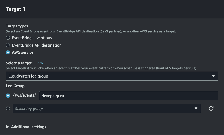 In the prompt for the new Target's configurations, the user has chosen AWS service as the Target type. For the Select a target drop down, they chose CloudWatch log Group. For the log group, they selected the /aws/events radio option, and then filled in the following input text box with the kebab case group name devops-guru.