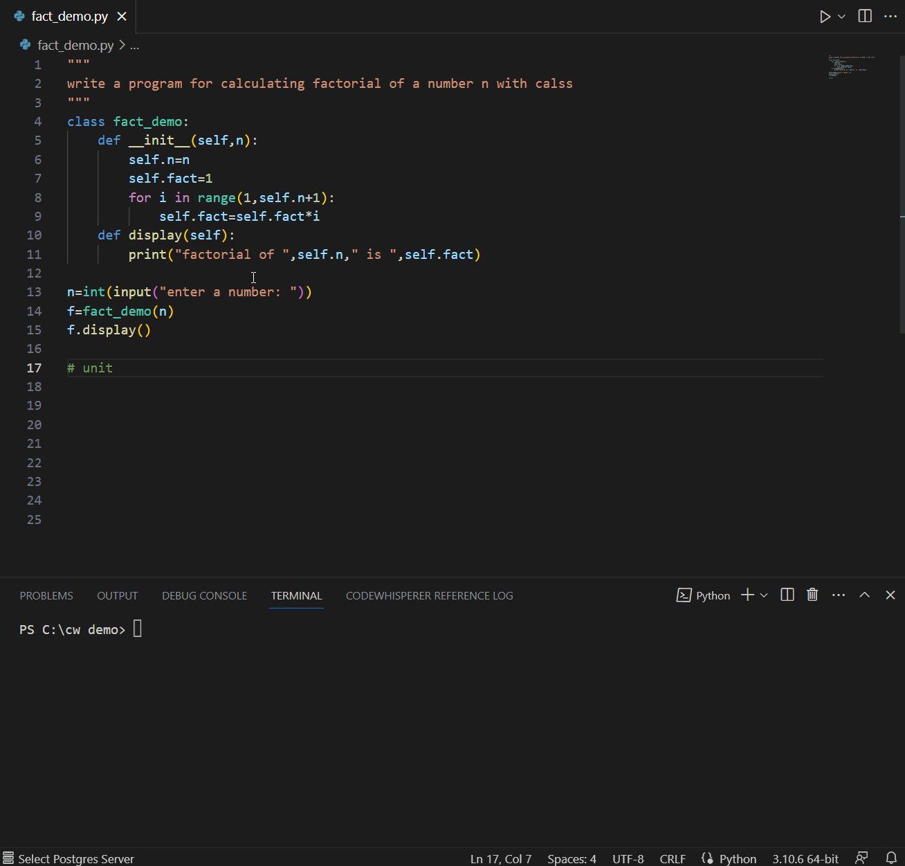 "Image is a gif displaying a code editor window, with a section of code highlighted. A comment within the code refers to the use of the fact_demo() function. CodeWhisperer is seen suggesting code for unit testing, leveraging contextual details related to the fact_demo() function. The background is a blurred office environment."