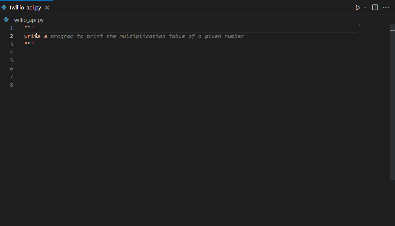 "Image is a gif of a person typing on a computer keyboard, with an integrated development environment (IDE) on the screen. The person is entering a prompt to write a code that uses the Twilio API to make a voice call. As the person types, the IDE updates with the output function displayed below, which can be executed to make the voice call."
