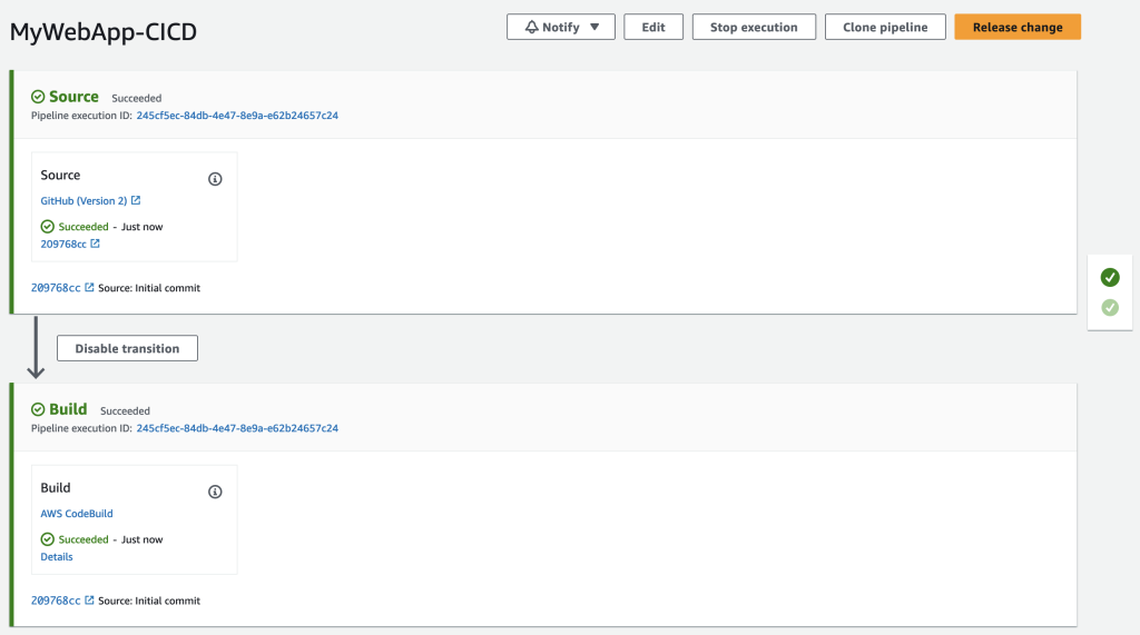 Image showing the first execution of the CI/CD pipeline