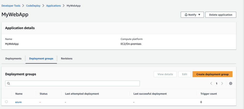 Image showing the created CodeDeploy Application and Deployment group