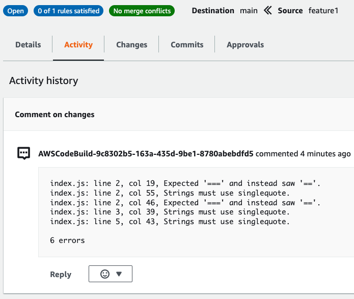 Figure 2: The image shows the AWS CodeCommit pull request's Activity tab with code review results automatically posted by the automated code reviewer