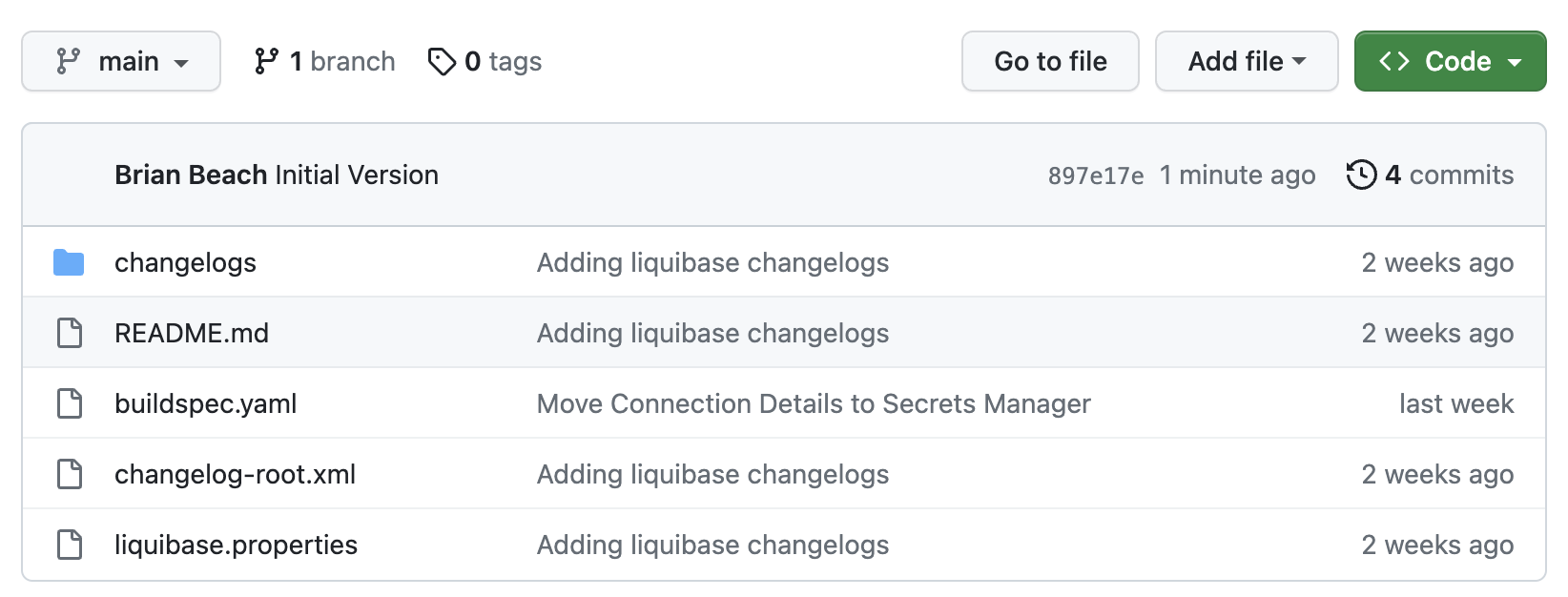 GitHub repository with Liquibase change set