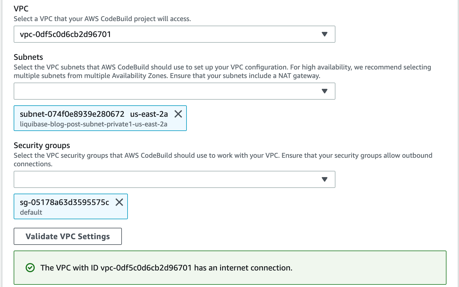 VPC configuration with private subnet selected