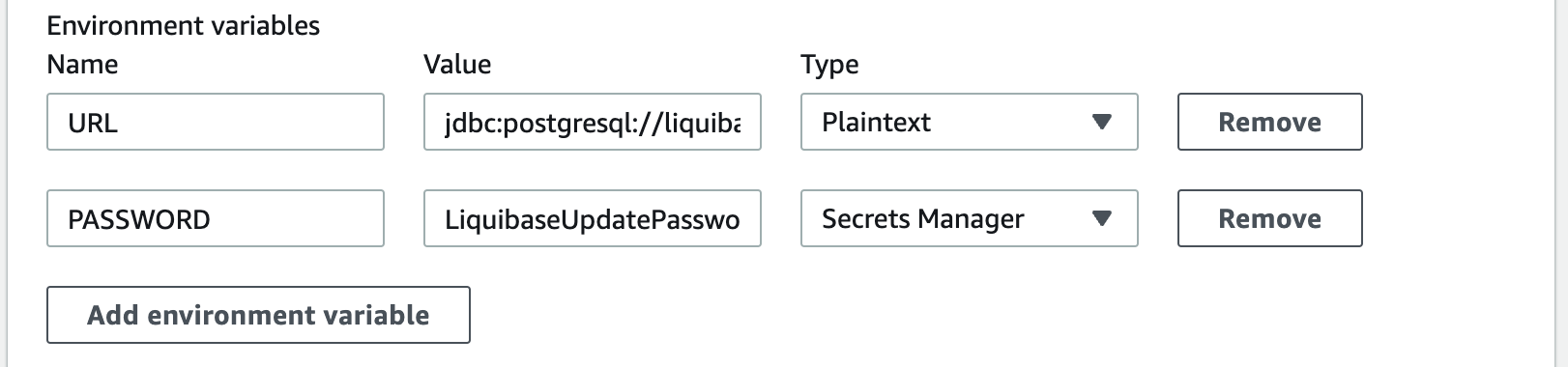 Environment Variables used to configure the URL and PASSWORD.