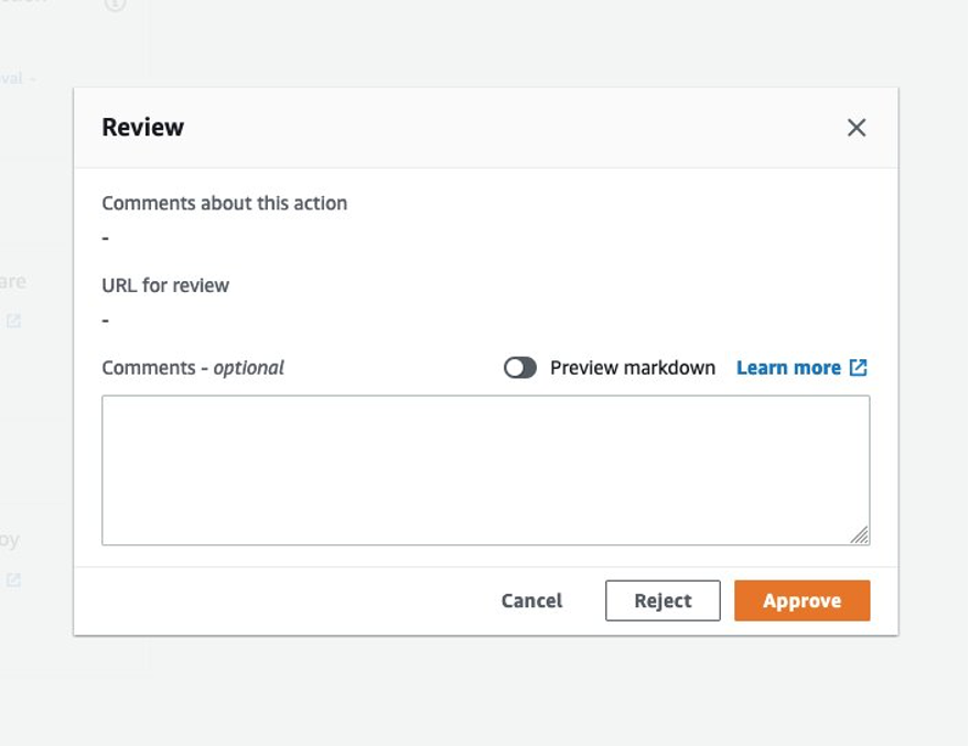 Image showing the review action on the AWS Management Console that gives the stakeholder the ability to approve or reject any changes.