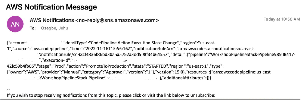 Image showing the SNS email notification sent when the pipeline starts
