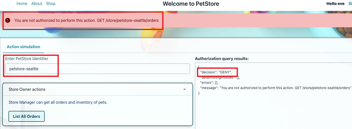 Eve is not permitted to list orders for petstore-seattle