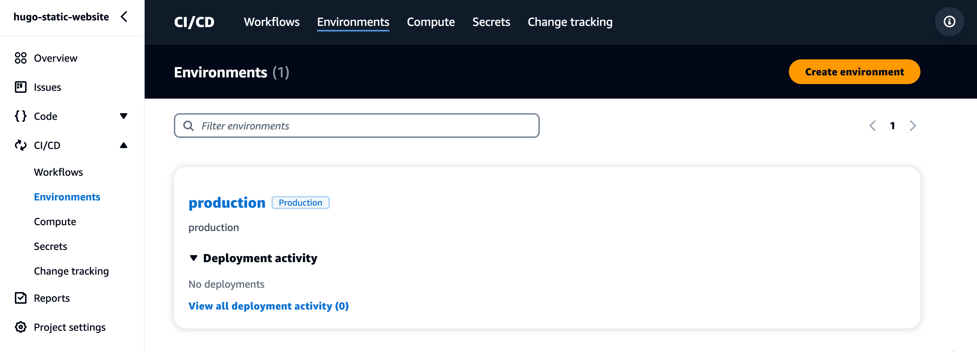 Initial environment list with only production.