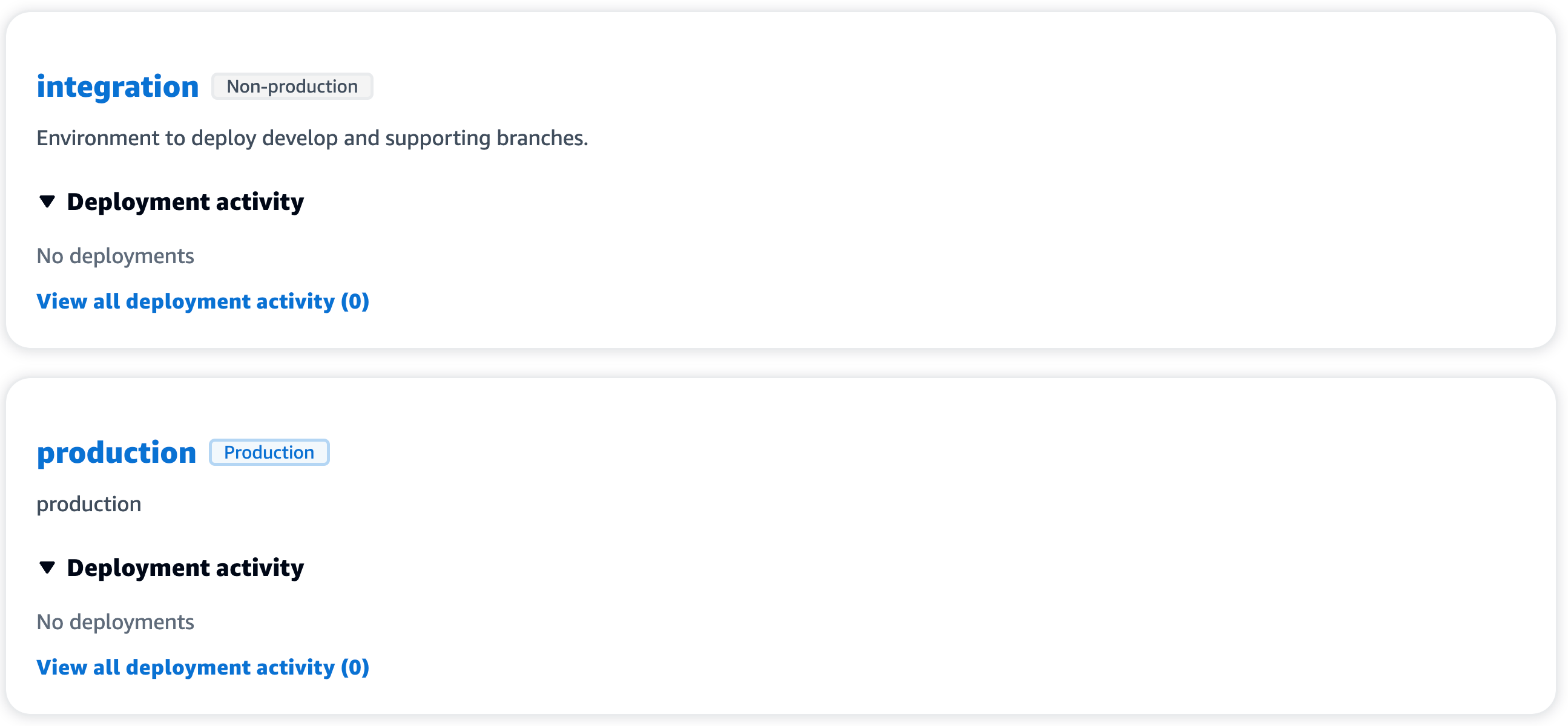 Environment list with integration and production.
